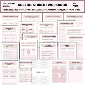 以下が含まれることがあります： ピンクと白の看護学生用ワークブック。表紙には「Nursing Student Workbook」と書かれており、基礎知識、投薬、投与量の練習、臨床スキル、試験準備などのセクションが含まれています。