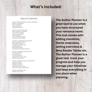May include: A white planner with a table of contents and text that reads "The Author Planner is a great tool to use when you have structured your romance novel." The planner includes sections for plot, character development, and writing goals.