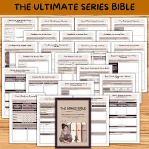 Pode incluir: Uma coleção de folhas de planejamento impressas intitulada The Ultimate Series Bible, apresentando vários modelos para rastrear idades de personagens, pontos de enredo, cronogramas e feedback. Um cartão central exibe o texto The Series Bible com uma ilustração.