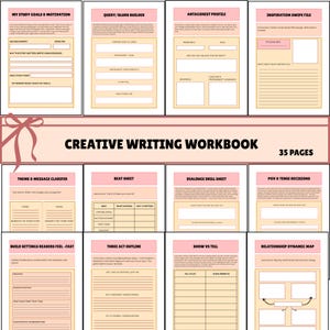 May include: A creative writing workbook with 35 pages. The cover features the title "Creative Writing Workbook" in a large font, with various writing prompts and worksheets. The pages are light pink with black text.