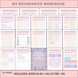 May include: A workbook titled "MY BOUNDARIES WORKBOOK" with pages on healthy boundaries, emotional boundaries, and time management. The pages are in pastel colours with text and prompts. Includes A4, US Letter, and A5 sizes.