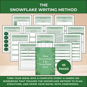 Può includere: Un quaderno di lavoro intitolato "The Snowflake Writing Method" con suggerimenti di scrittura e grafici. La copertina presenta il testo "Idea Generation & the Snowflake Start" e il numero "65 Pages". Insegna a pianificare e strutturare un romanzo.