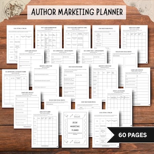 Könnte beinhalten: Eine Sammlung weißer Papierseiten mit schwarzem Text mit dem Titel "Author Marketing Planner". Die Seiten enthalten Checklisten, Diagramme und Aufforderungen für das Buchmarketing. Die Worte "60 Pages" sind sichtbar. Die Seiten sind auf einer Holzoberfläche angeordnet.