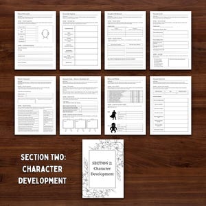 Puede incluir: Un conjunto de ocho hojas de trabajo blancas de desarrollo de personajes y una portada con borde floral, dispuestas sobre una superficie de madera oscura. La portada dice "SECCI&Oacute;N 2: Character Development". Las hojas de trabajo incluyen secciones para rasgos de car&aacute;cter, metas y entrevistas.