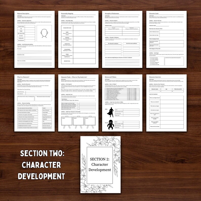 Puede incluir: Un conjunto de ocho hojas de trabajo blancas de desarrollo de personajes y una portada con borde floral, dispuestas sobre una superficie de madera oscura. La portada dice "SECCI&Oacute;N 2: Character Development". Las hojas de trabajo incluyen secciones para rasgos de car&aacute;cter, metas y entrevistas.