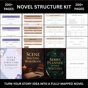 Op de afbeelding: Een romanstructuurkit met meer dan 200 pagina's, met een werkboek, planner en diverse planningspagina's. Bevat secties voor plotwendingen, scèneplanning, karakterbogen en meer. De kit helpt om verhaalideeën om te zetten in een volledig in kaart gebrachte roman.
