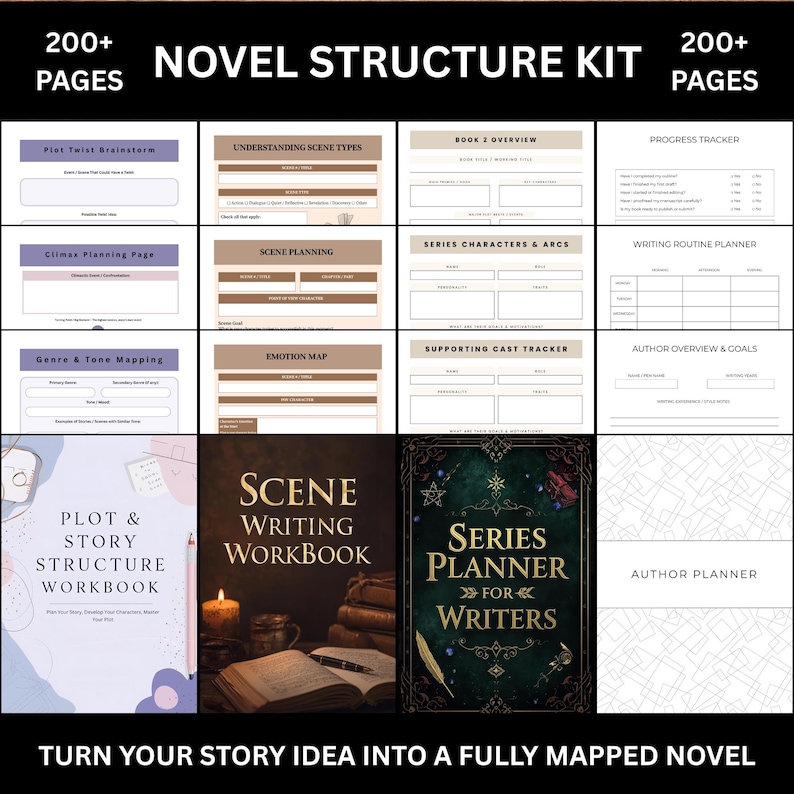May include: A novel structure kit with over 200 pages, featuring a workbook, planner, and various planning pages. Includes sections for plot twists, scene planning, character arcs, and more. The kit helps turn story ideas into a fully mapped novel.