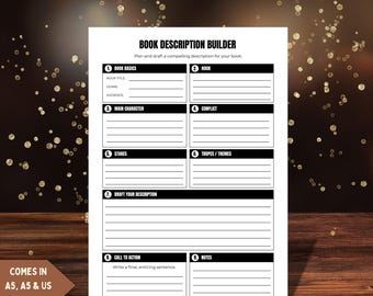 Creador de descripciones de libros / Hoja de trabajo para sinopsis de libros en KDP / Planificador de autopublicación / Material imprimible para autores independientes / Herramienta de marketing de libros