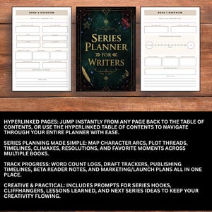 May include: A series planner for writers with a dark green cover and gold lettering. The planner includes pages for book overviews and series planning. Text on the image reads: "Series Planner for Writers."