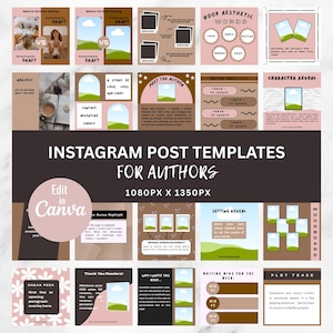 Puede incluir: Una colección de plantillas de publicaciones de Instagram para autores, con varios diseños y marcadores de posición de imágenes. Las plantillas son en tonos de marrón, rosa y blanco, con el texto "Edit in Canva" y "Instagram Post Templates for Authors".
