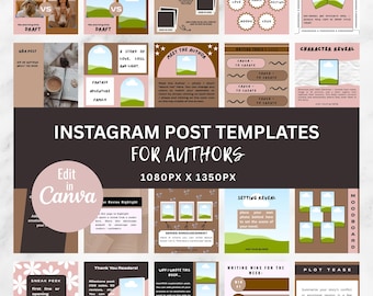 Può includere: Una raccolta di modelli di post di Instagram per autori, con vari layout con segnaposto per testo e immagini. I modelli sono nei toni del marrone, rosa e bianco, con il testo "Edit in Canva" e "Instagram Post Templates for Authors".