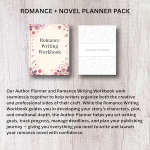May include: A Romance Writing Workbook and Author Planner pack. The workbook has a floral design with the text "Romance Writing Workbook". The planner has the text "Author Planner". The text "ROMANCE + NOVEL PLANNER PACK" is at the top.