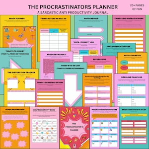 May include: A colorful planner titled "The Procrastinators Planner" with various pages, including a snack planner, to-do lists, and a procrastination horoscope. The journal is designed with a sarcastic anti-productivity theme and includes over 20 pages of fun.