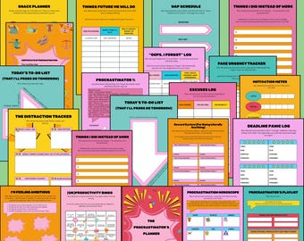 May include: A vibrant planner titled "The Procrastinators Planner" with pages for various activities, including a snack planner and to-do lists. The journal has a sarcastic anti-productivity theme and includes over 20 pages of fun. The planner is in a variety of colours.