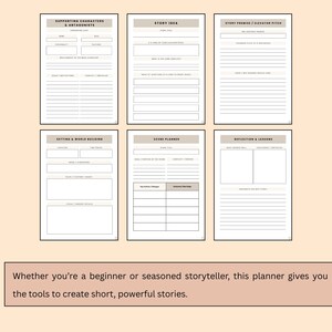 May include: A set of six beige and white story planning pages with headings like "Supporting Characters & Antagonists" and "Story Idea." The bottom of the image has text that reads, "Whether you're a beginner or seasoned storyteller, this planner gives you the tools to create short, powerful stories."