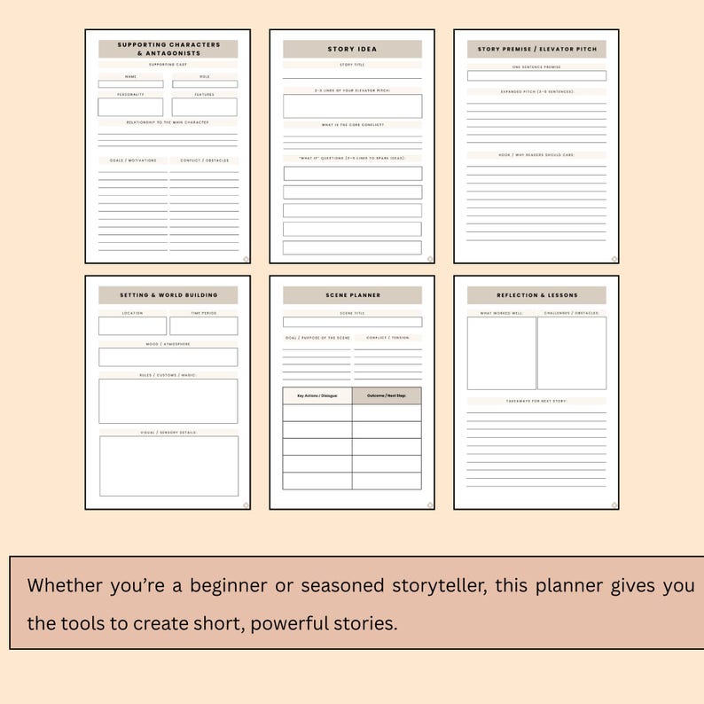 May include: A set of six beige and white story planning pages with headings like "Supporting Characters & Antagonists" and "Story Idea." The bottom of the image has text that reads, "Whether you're a beginner or seasoned storyteller, this planner gives you the tools to create short, powerful stories."