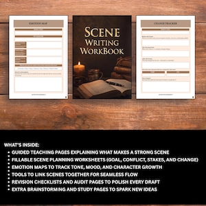 May include: A scene writing workbook with the title "Scene Writing Workbook" in gold lettering. The image includes worksheets for emotion mapping and change tracking, along with a list of included features. The background is a wooden surface.