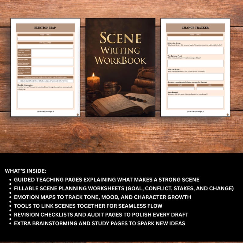 May include: A scene writing workbook with the title "Scene Writing Workbook" in gold lettering. The image includes worksheets for emotion mapping and change tracking, along with a list of included features. The background is a wooden surface.