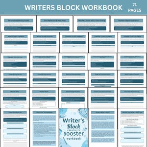 May include: A 71-page "Writers Block Workbook" with a cover that reads "Writer's Block Creativity Booster Workbook." The workbook contains writing prompts and exercises, such as "Personalized Writing Toolkit" and "Rewrite a Scene with a Twist Ending."