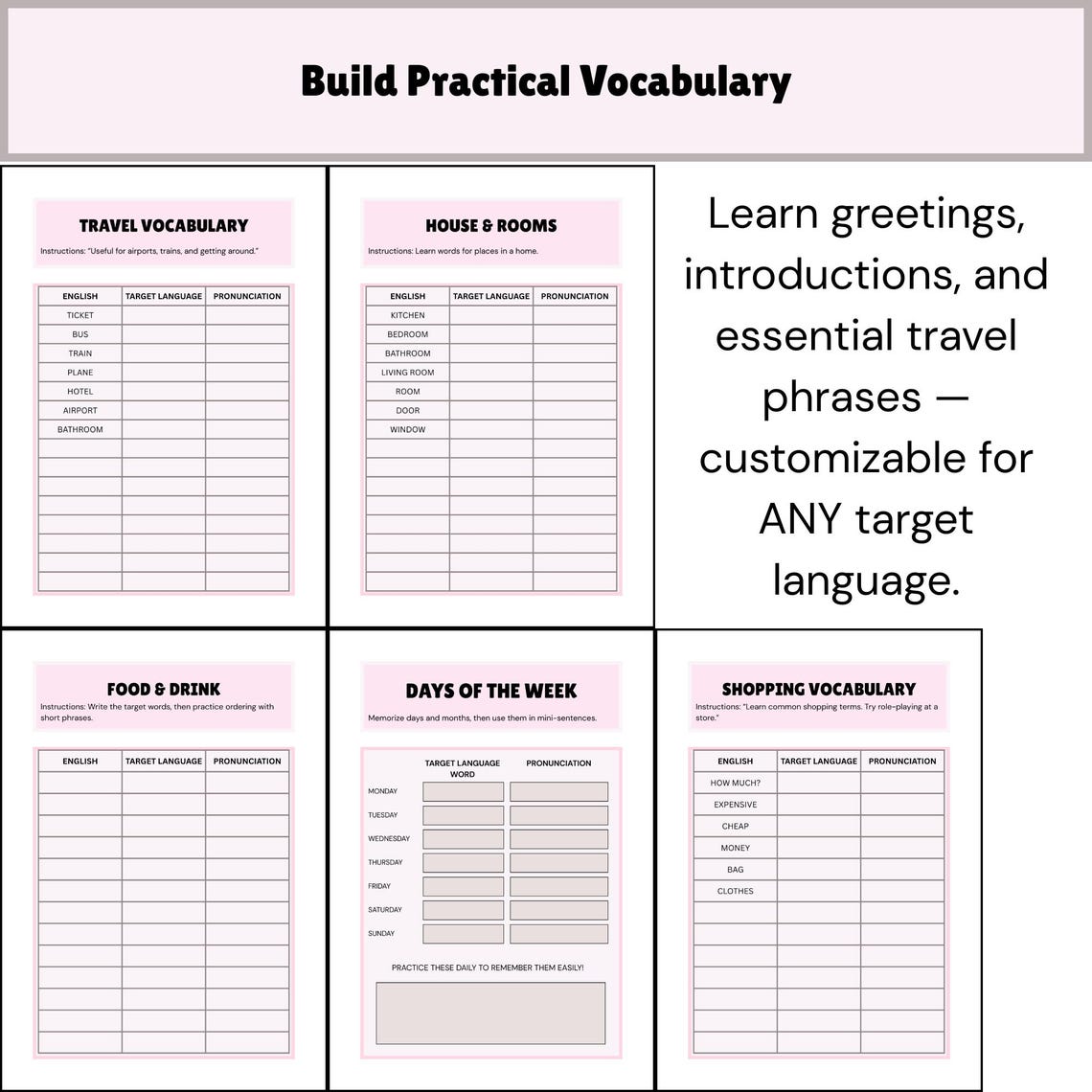Language Learning Workbook: Vocabulary | Grammar | Writing Practice - Etsy