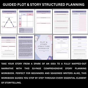 May include: A 53-page story planning workbook with the title "Plot & Story Structure Workbook." The workbook includes pages for plot planning, conflict analysis, and character development. The cover is white with purple and blue accents. Text at the top reads "Guided Plot & Story Structured Planning."