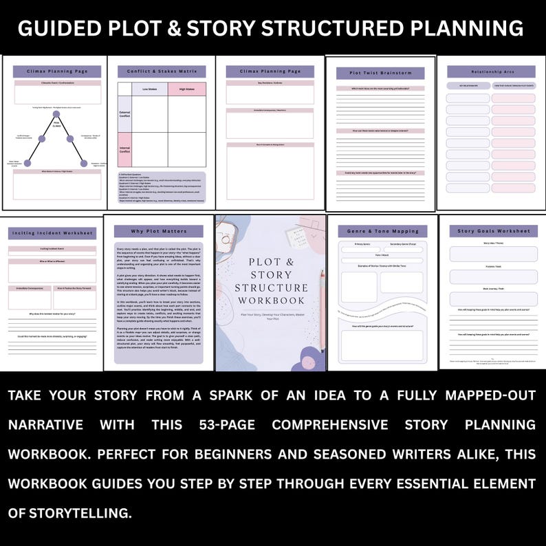 May include: A 53-page story planning workbook with the title "Plot & Story Structure Workbook." The workbook includes pages for plot planning, conflict analysis, and character development. The cover is white with purple and blue accents. Text at the top reads "Guided Plot & Story Structured Planning."