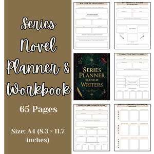 May include: A series novel planner and workbook with 65 pages. The cover features the text "Series Planner for Writers". The size is A4 (21.0 x 29.7 cm). The planner includes sections for series ideas, character arcs, and cast tracking.
