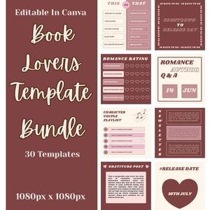 May include: A template bundle for book lovers, featuring 30 templates with a maroon and cream colour scheme. The design includes elements like a countdown, romance rating, and a character couple playlist. The text includes "Book Lovers Template Bundle" and "Editable in Canva".