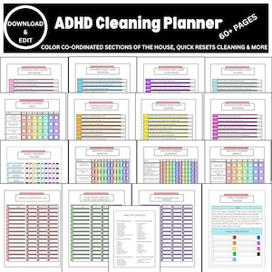 Pode incluir: Planejador de limpeza para TDAH com seções coordenadas por cores para a casa, reinicializações rápidas e muito mais. Inclui mais de 60 páginas com seções para banheiro, quarto, sala de estar, cozinha e muito mais. Apresenta rastreadores de progresso anuais e registros de validade de alimentos.