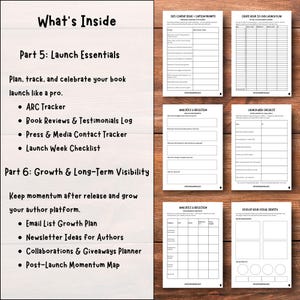 Puede incluir: Un conjunto de plantillas de papel blanco con texto, incluyendo "What's Inside", "Launch Essentials" y "Growth & Long-Term Visibility". Las plantillas est&aacute;n sobre una superficie de madera, con texto como "ARC Tracker" y "Email List Growth Plan".