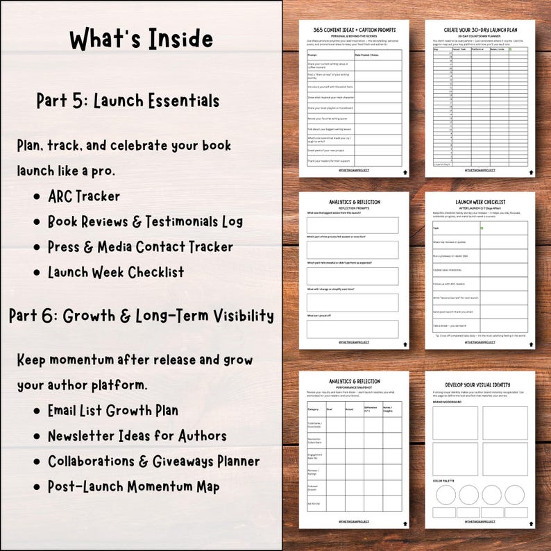 Puede incluir: Un conjunto de plantillas de papel blanco con texto, incluyendo "What's Inside", "Launch Essentials" y "Growth & Long-Term Visibility". Las plantillas est&aacute;n sobre una superficie de madera, con texto como "ARC Tracker" y "Email List Growth Plan".