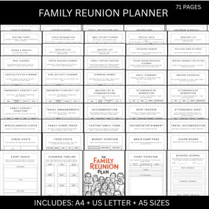 Puede incluir: Un planificador de reunión familiar en blanco y negro con 71 páginas. El planificador incluye secciones para la planificación, los objetivos del evento y un diario de reunión. El texto "Family Reunion Planner" está en la parte superior, y "The Family Reunion Plan" en el centro.