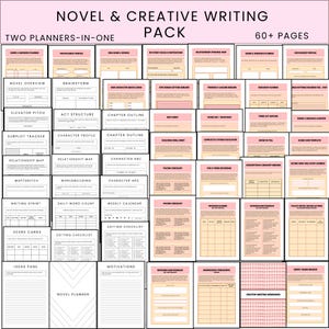 Może przedstawiać: Różowy i biały pakiet do pisania powieści i kreatywnego pisania z tekstem "NOVEL & CREATIVE WRITING PACK", "TWO PLANNERS-IN-ONE" i "60+ PAGES". Pakiet zawiera różne strony planowania pisania powieści, takie jak "Novel Overview" i "Brainstorm".