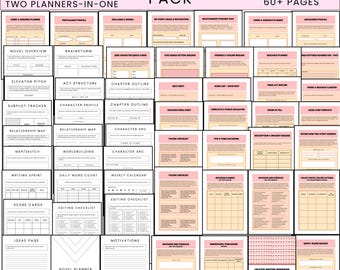 May include: A pink and white novel and creative writing pack with the text "NOVEL & CREATIVE WRITING PACK" and "TWO PLANNERS-IN-ONE" and "60+ PAGES". The pack includes various planning pages for novel writing, such as "Novel Overview" and "Brainstorm".
