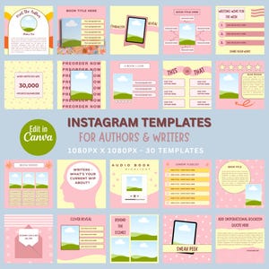 May include: A collection of pink and yellow Instagram templates for authors and writers. The templates include designs for book reveals, quotes, and writing prompts. Text includes "Instagram Templates for Authors & Writers" and "Edit in Canva".
