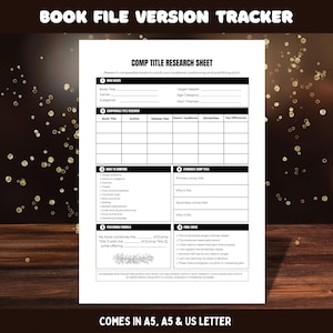 May include: A white Comp Title Research Sheet document featuring black text and grid lines. The form includes sections for book basics, comparable title research, comparison points, strongest comp title, positioning formula, and a final check list.