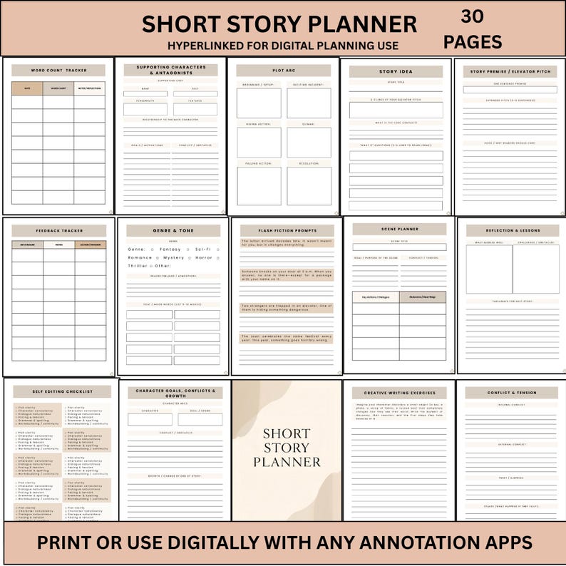 May include: A beige and white Short Story Planner with 30 pages, designed for digital use. The planner includes sections for story ideas, character development, and writing exercises. Text on the cover reads "Short Story Planner".