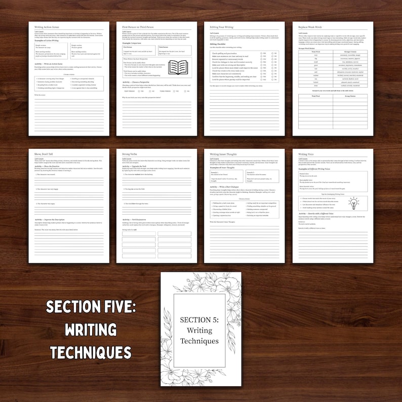 Puede incluir: Ocho p&aacute;ginas de papel blanco con texto negro, dispuestas sobre una superficie de madera oscura. Las p&aacute;ginas contienen ejercicios de escritura. En la parte inferior izquierda se lee "SECTION FIVE: WRITING TECHNIQUES". La p&aacute;gina inferior derecha tiene un borde floral y dice "SECTION 5: Writing Techniques".