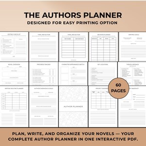 May include: A digital author planner with 60 pages, designed for easy printing. The planner includes sections for editing checklists, novel overviews, progress trackers, and writing goals. The text reads: "The Authors Planner" and "Plan, Write, and Organize Your Novels."