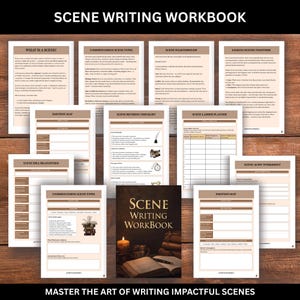 May include: A scene writing workbook with various worksheets and guides. The cover of the workbook is brown with the title "Scene Writing Workbook". The image includes a candle, a cup, and a stack of books. The text at the top says "Scene Writing Workbook".