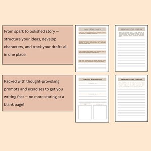May include: A collection of writing prompts and exercises. The image features several pages with prompts for flash fiction, creative writing, and dialogue. Text on the pages includes "From spark to polished story" and "Packed with thought-provoking prompts."