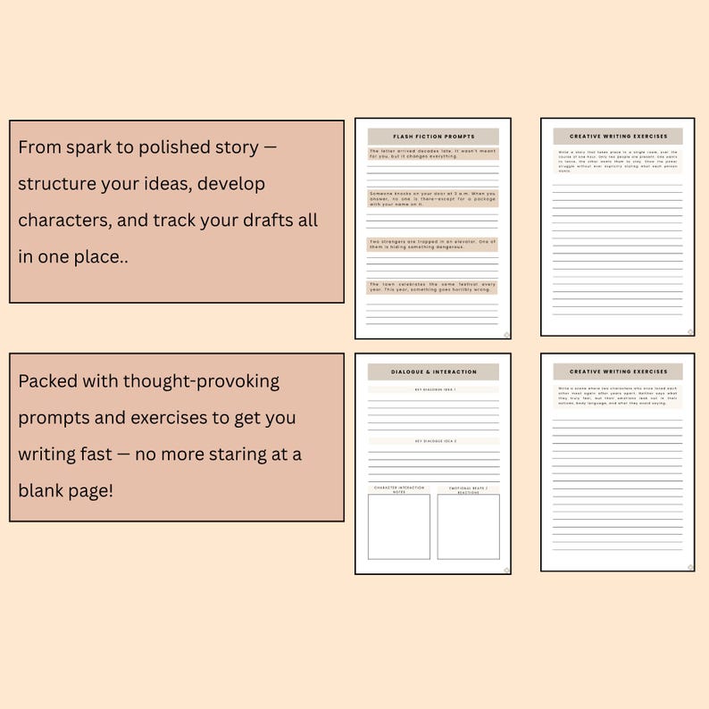 May include: A collection of writing prompts and exercises. The image features several pages with prompts for flash fiction, creative writing, and dialogue. Text on the pages includes "From spark to polished story" and "Packed with thought-provoking prompts."