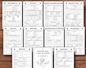 Planificador imprimible para el cuidado de perros mayores, carpeta de salud para mascotas, registro de medicamentos y bienestar en formato PDF.