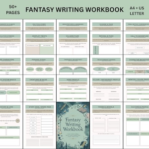 May include: A fantasy writing workbook with a green and blue cover, featuring the title "Fantasy Writing Workbook" and the text "Plan Your World, Build Your Characters, Make Your Story." The workbook includes 50+ pages of writing prompts and exercises.