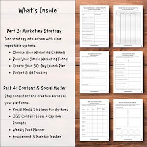 Puede incluir: Un conjunto de plantillas de papel blanco con texto, incluyendo "What's Inside", "365 Content Ideas + Caption Prompts" y "Create Your 30-Day Launch Plan". Las plantillas est&aacute;n sobre una superficie de madera, con texto sobre estrategia de marketing y redes sociales.