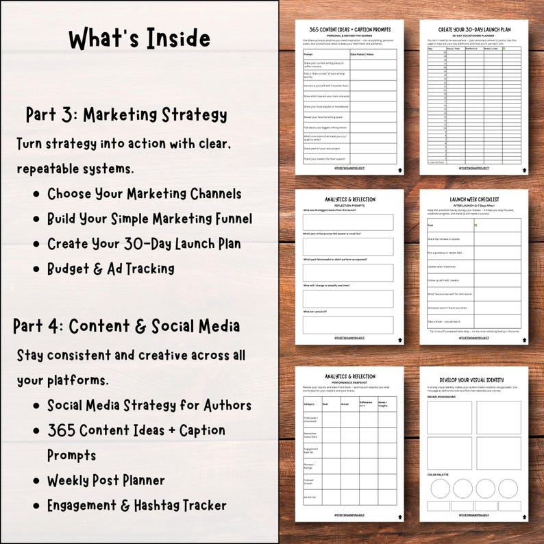 Puede incluir: Un conjunto de plantillas de papel blanco con texto, incluyendo "What's Inside", "365 Content Ideas + Caption Prompts" y "Create Your 30-Day Launch Plan". Las plantillas est&aacute;n sobre una superficie de madera, con texto sobre estrategia de marketing y redes sociales.