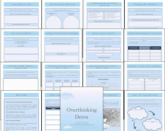 May include: A workbook titled "Overthinking Detox" with 20+ pages. The cover features the title in a clean font over a blue sky with clouds. Inside, there are templates for journaling, action plans, and reflection, designed to help manage thoughts.