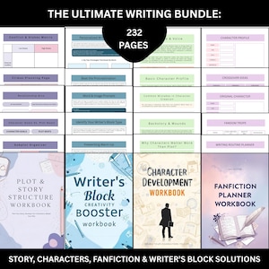 May include: The Ultimate Writing Bundle with 232 pages. Includes workbooks for plot structure, character development, writer's block, and fanfiction planning. Features guides on story, characters, and writing solutions.