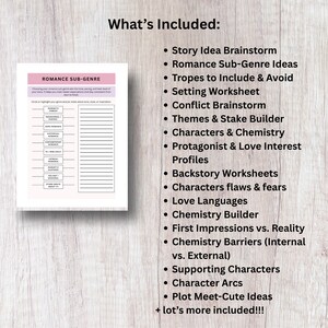 May include: A white paper with a pink header labeled "ROMANCE SUB-GENRE" and a list of romance writing prompts. The list includes story ideas, character profiles, and worksheets for writers. The text "What's Included" is at the top.