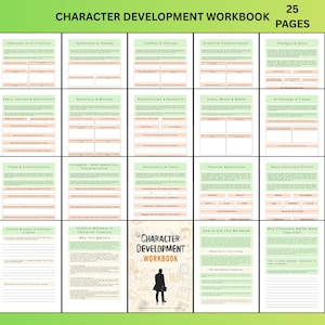May include: A 25-page character development workbook with a green and white design. The workbook includes sections on character arcs, themes, conflicts, and physical appearance. The cover features a silhouette of a person.